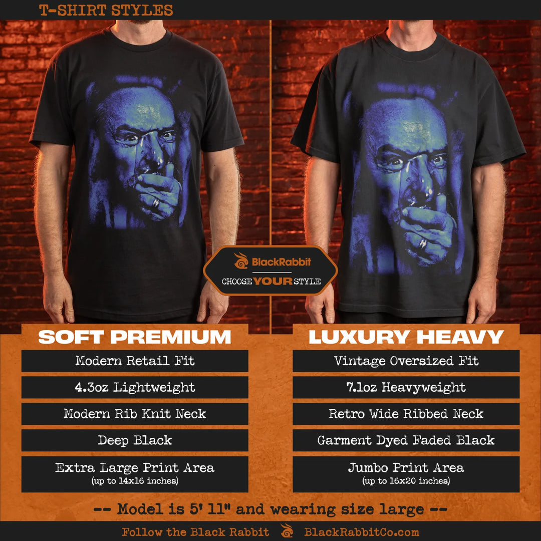 Black t-shirt with graphic design of a man smoking, 4.3oz lightweight material and modern rib knit neck