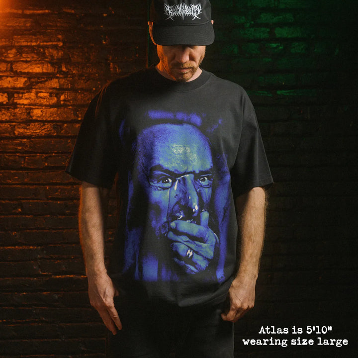 Model wearing heavy tee with Blue velvet frank graphic 