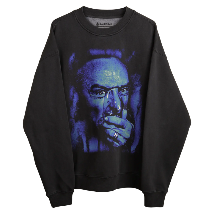 Black sweatshirt with graphic print of a man smoking, dark blue and purple hues.