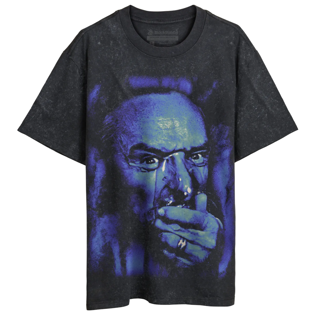 Charcoal gray t-shirt with graphic print of a man smoking, featuring glasses and a ring on his finger.