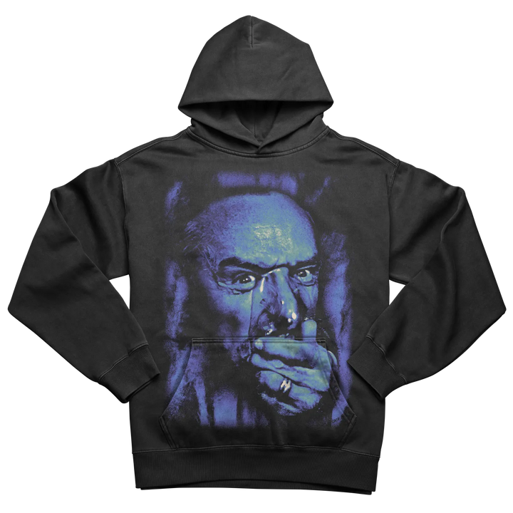 Black graphic hoodie with a detailed print of an old man smoking, featuring glasses and a ring on his finger.