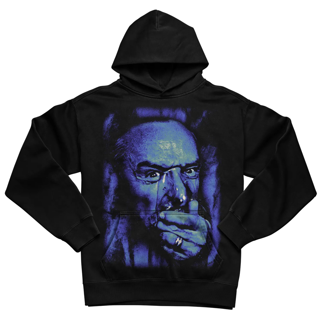 Black hooded sweatshirt with graphic print of a man smoking, featuring dark blue and purple tones.