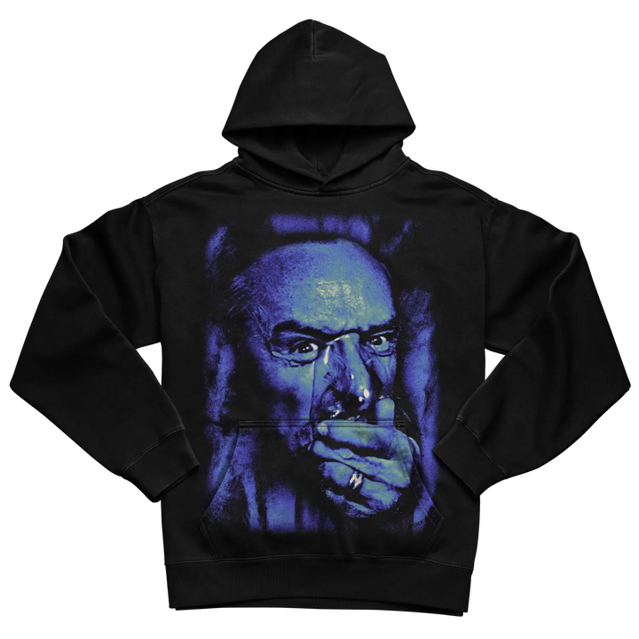 Black hooded sweatshirt with graphic print of a man smoking, featuring dark blue and purple tones.