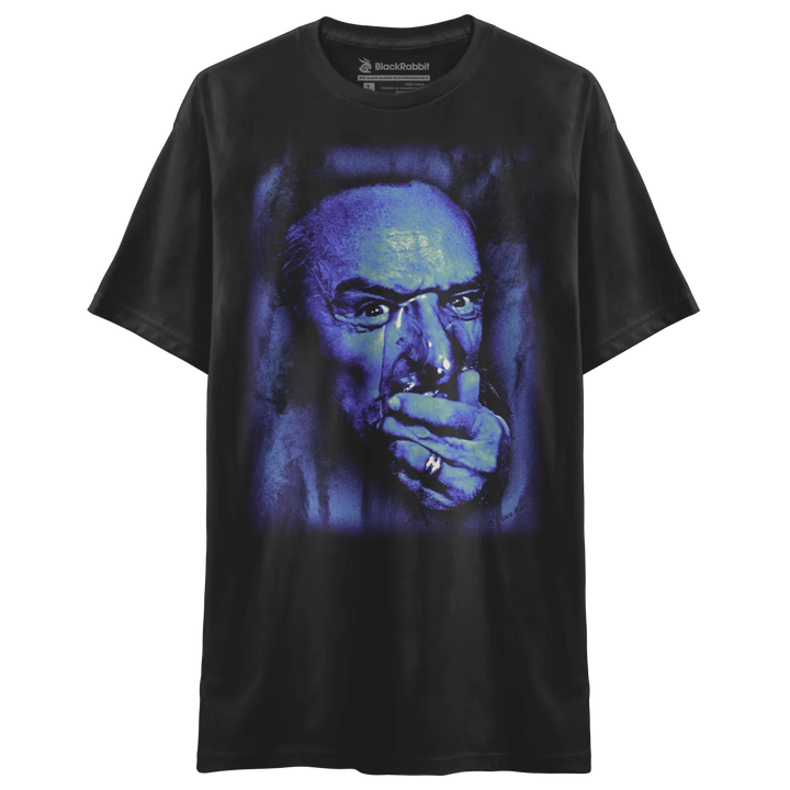Black t-shirt with graphic print of a man smoking, dark blue and purple hues, rockland brand logo on left chest.