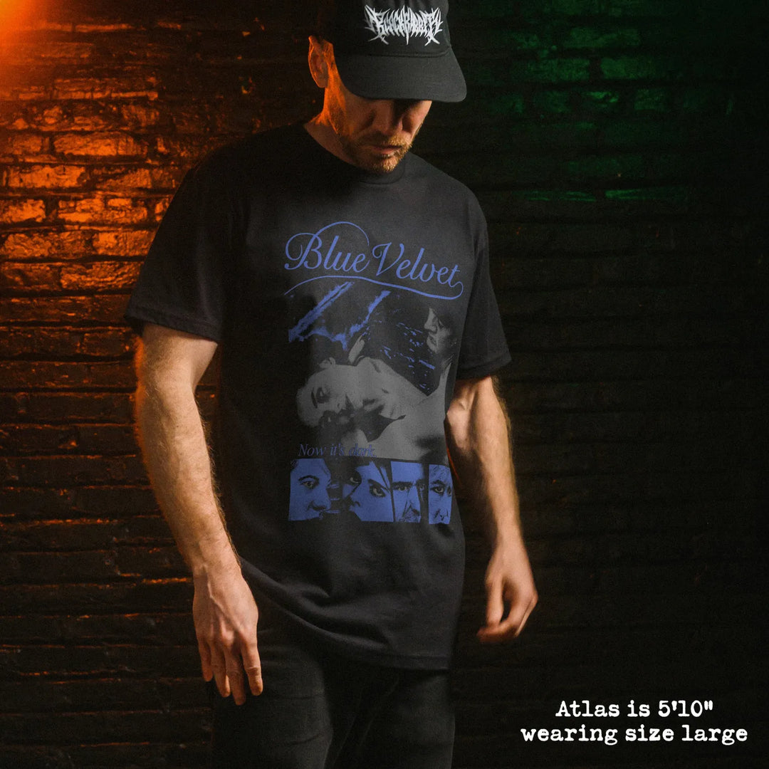 Male model wearing black premium tee with blue velvet graphic 