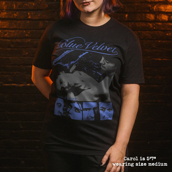 Model wearing black premium tee with blue velvet graphic 