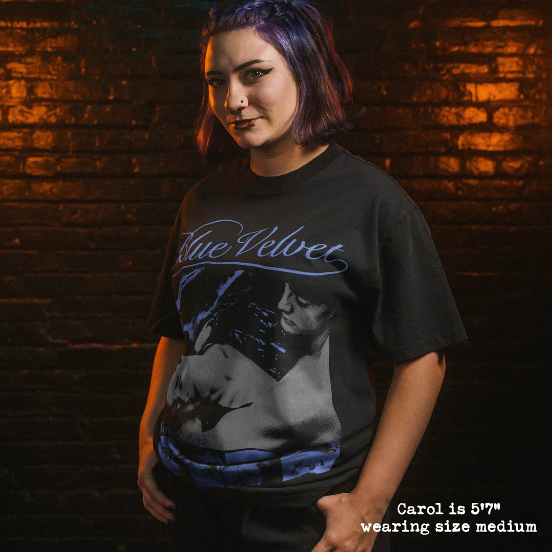 Model wearing heavy tee with blue velvet graphic 