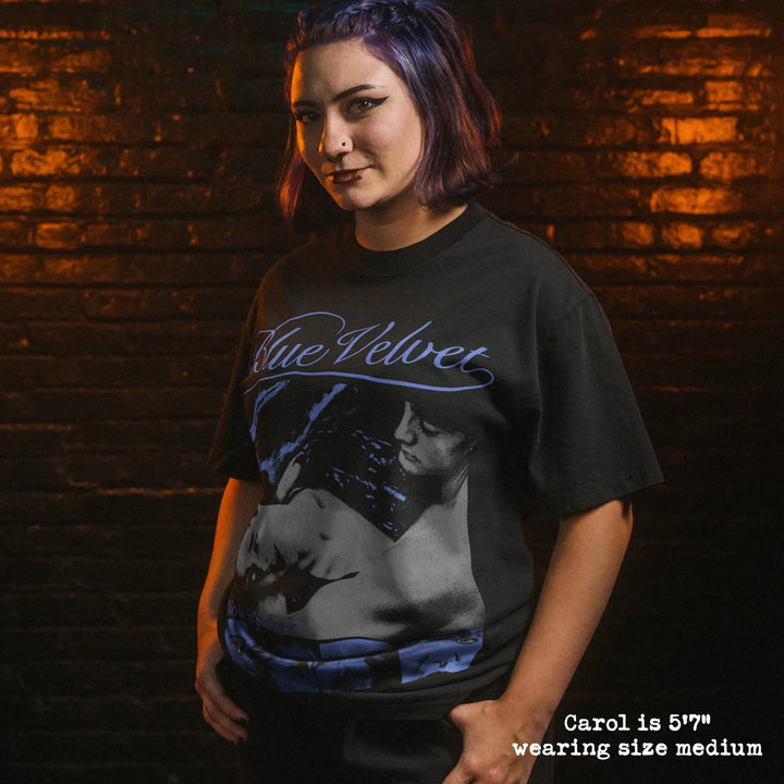 Model wearing heavy tee with blue velvet graphic 