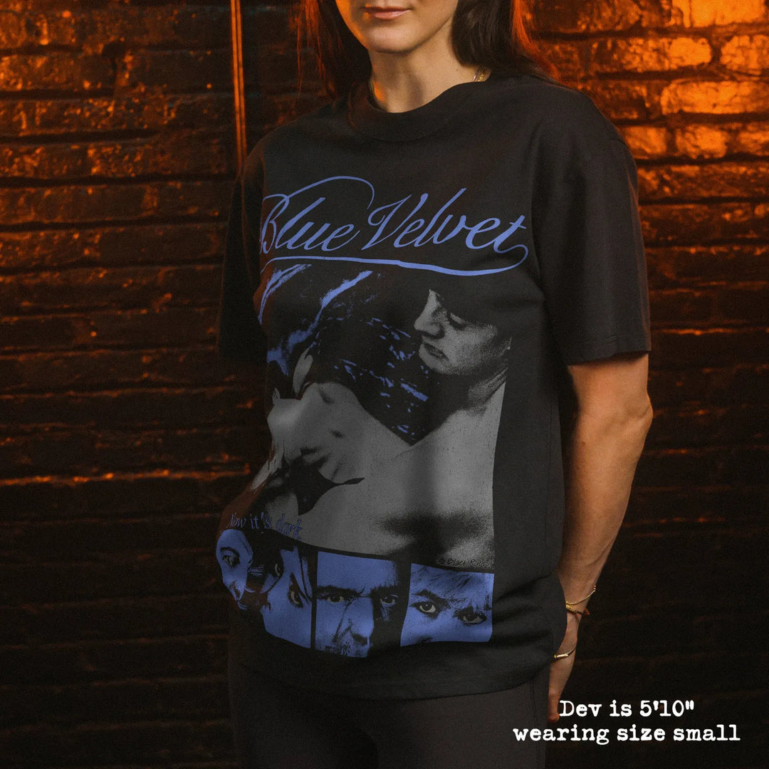 Model wearing heavy tee with blue velvet graphic 