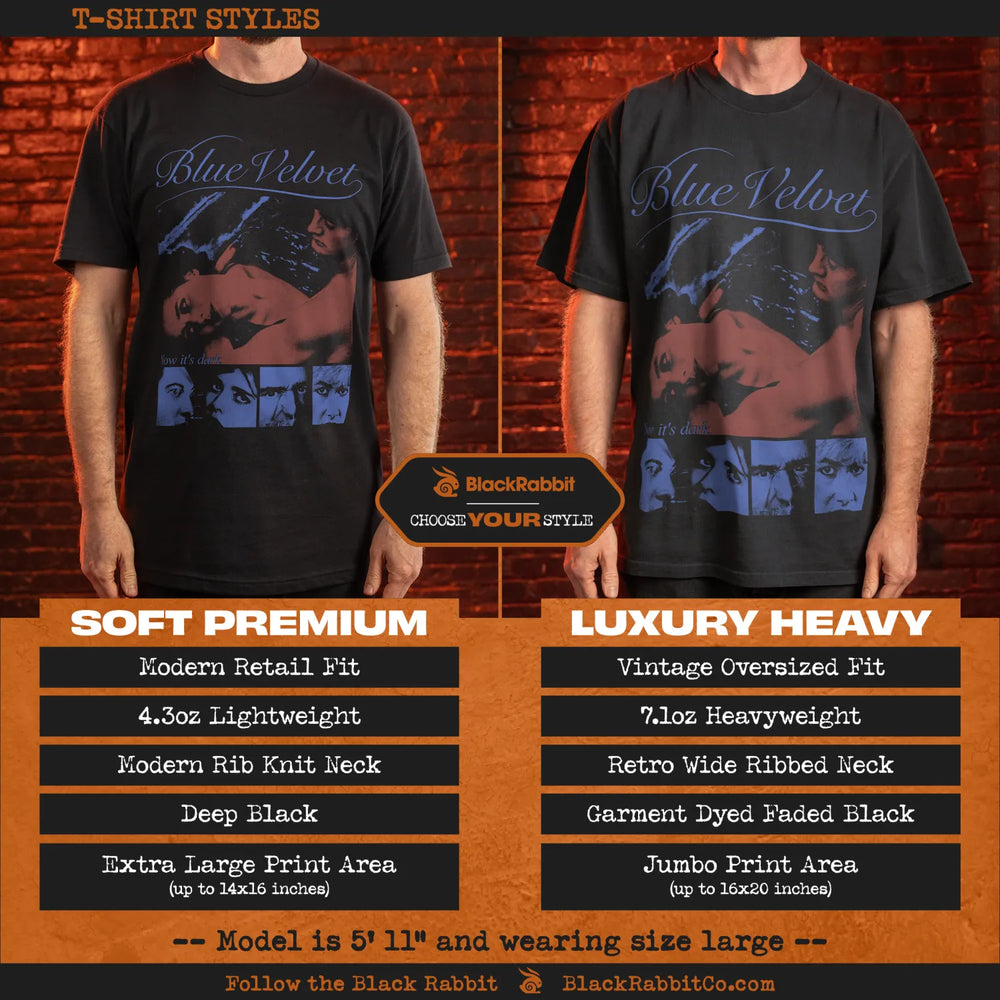 A comparison of two black graphic t-shirt styles for men.