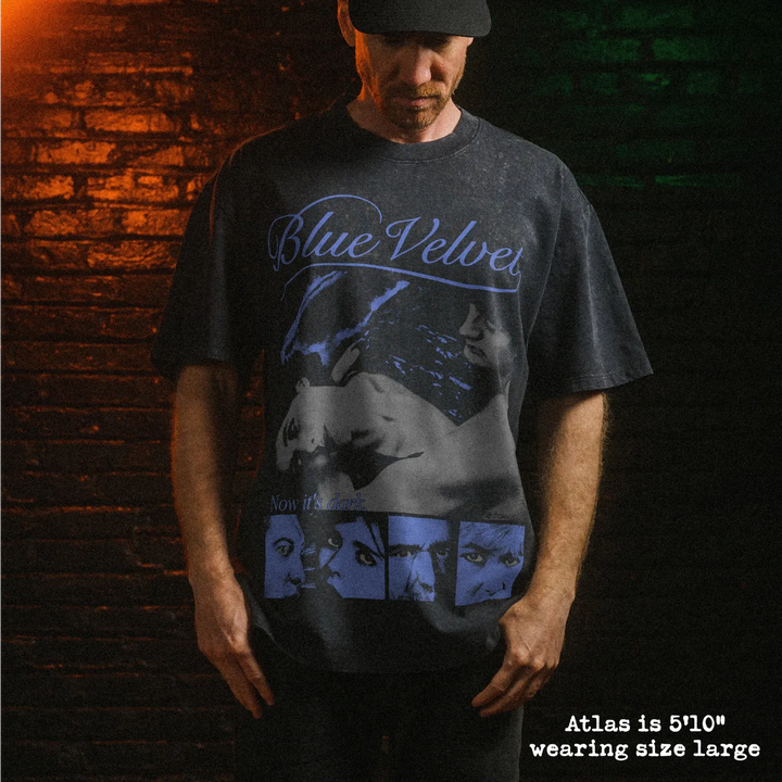 Male model wearing stone wash heavy tee with blue velvet graphic 