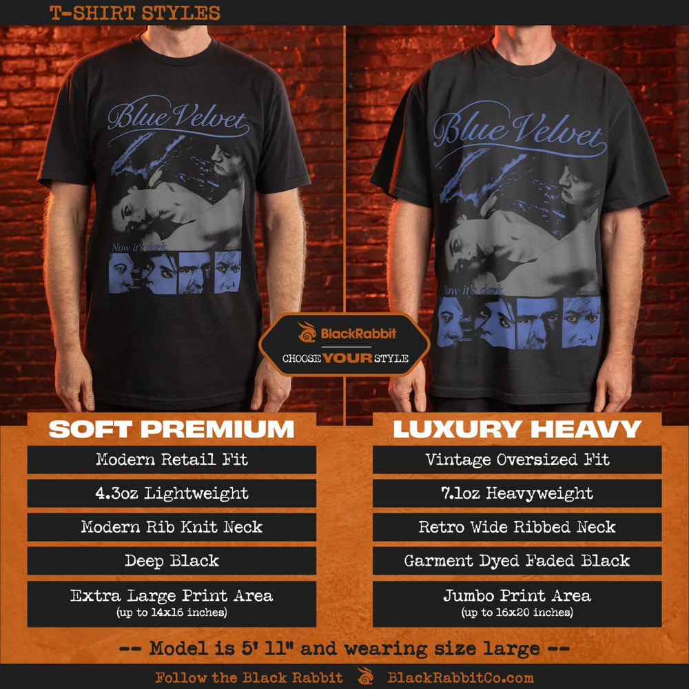 Comparison of two black t-shirt styles with a ’Blue Velvet’ graphic.