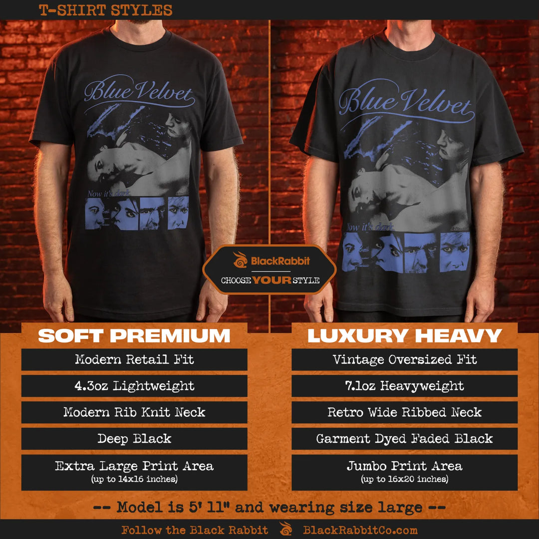 Comparison of two black t-shirt styles with a ’Blue Velvet’ graphic.