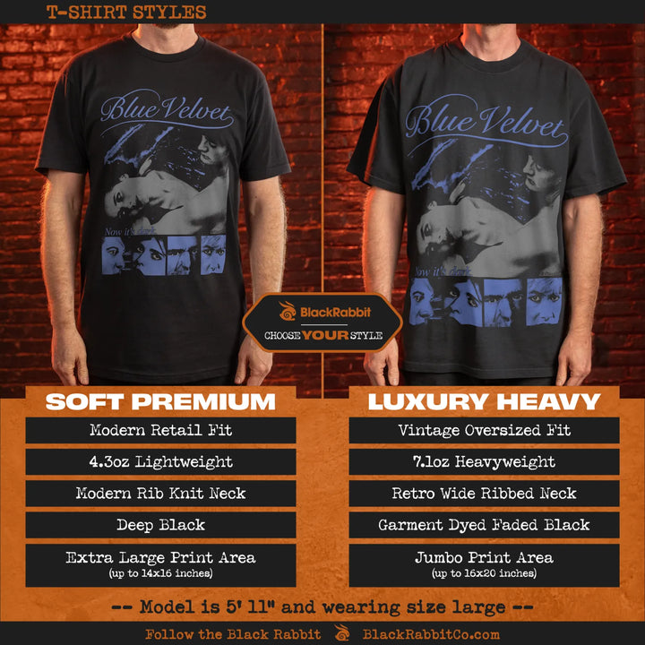 Comparison of two black t-shirt styles with a ’Blue Velvet’ graphic.