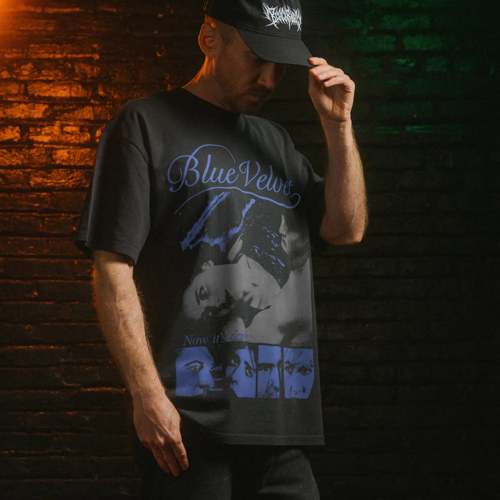 Model wearing heavy tee with blue velvet graphic 