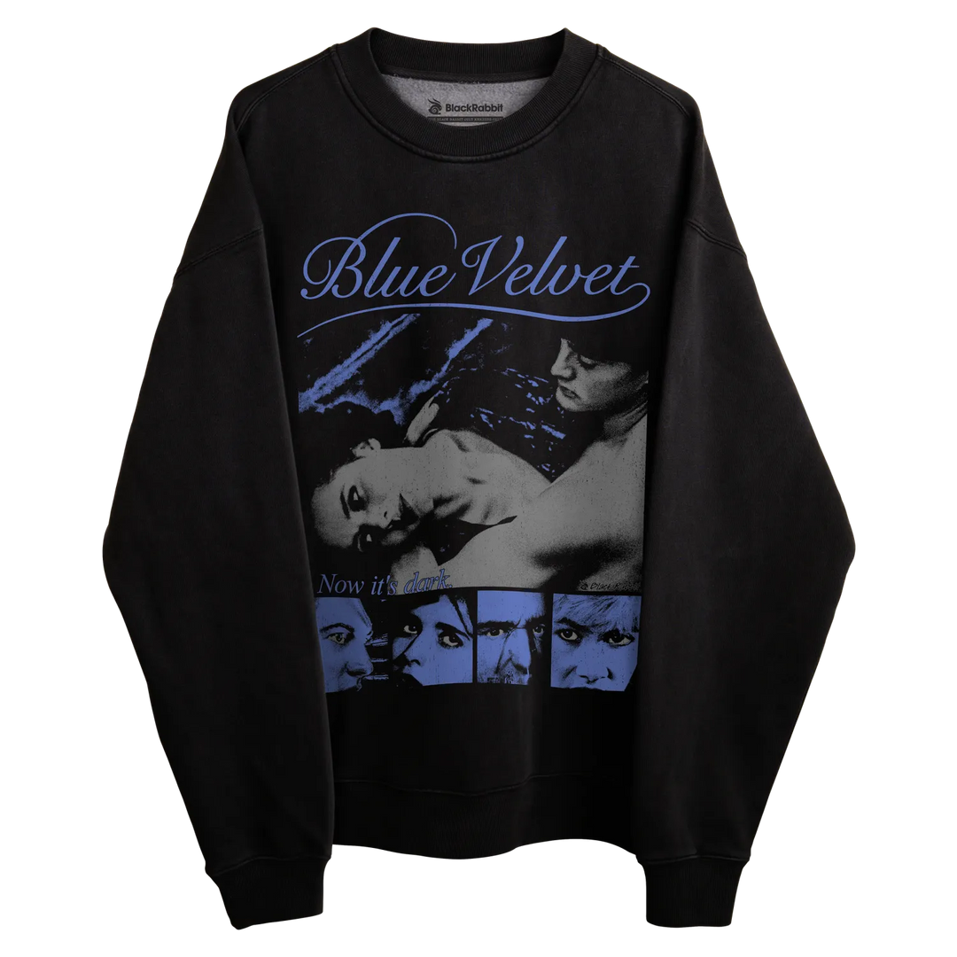 Black ’blue velvet’ sweatshirt with graphic design featuring a couple and text in purple.