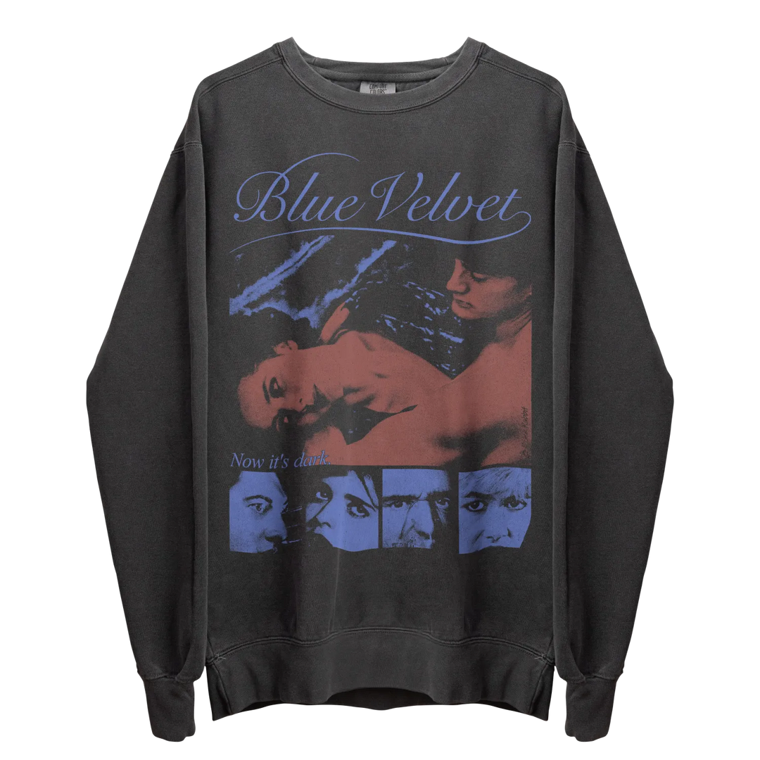 A dark gray long-sleeved crewneck sweatshirt with a colorful graphic print inspired by the movie ’Blue Velvet.’