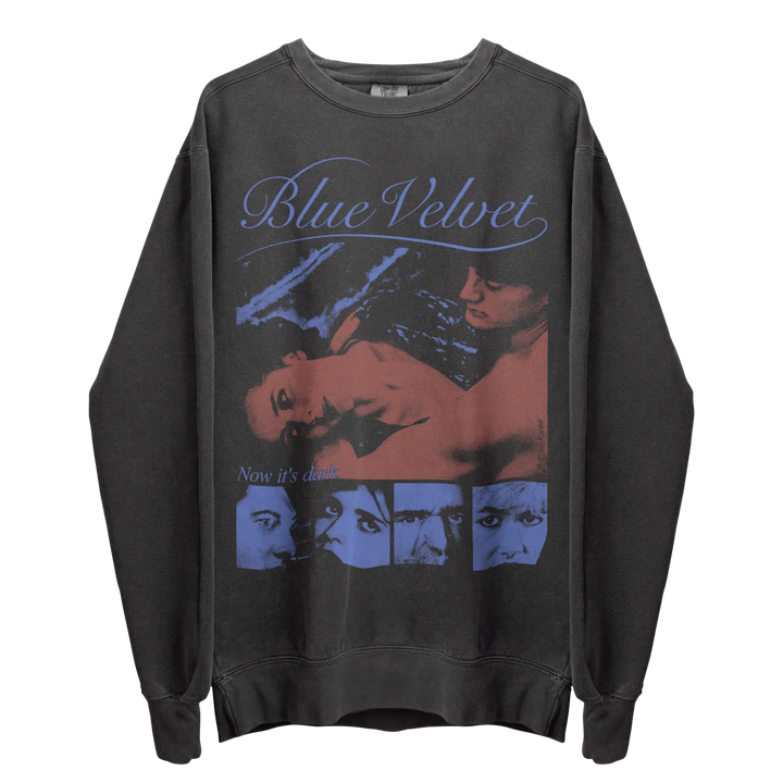 A dark gray long-sleeved crewneck sweatshirt with a colorful graphic print inspired by the movie ’Blue Velvet.’