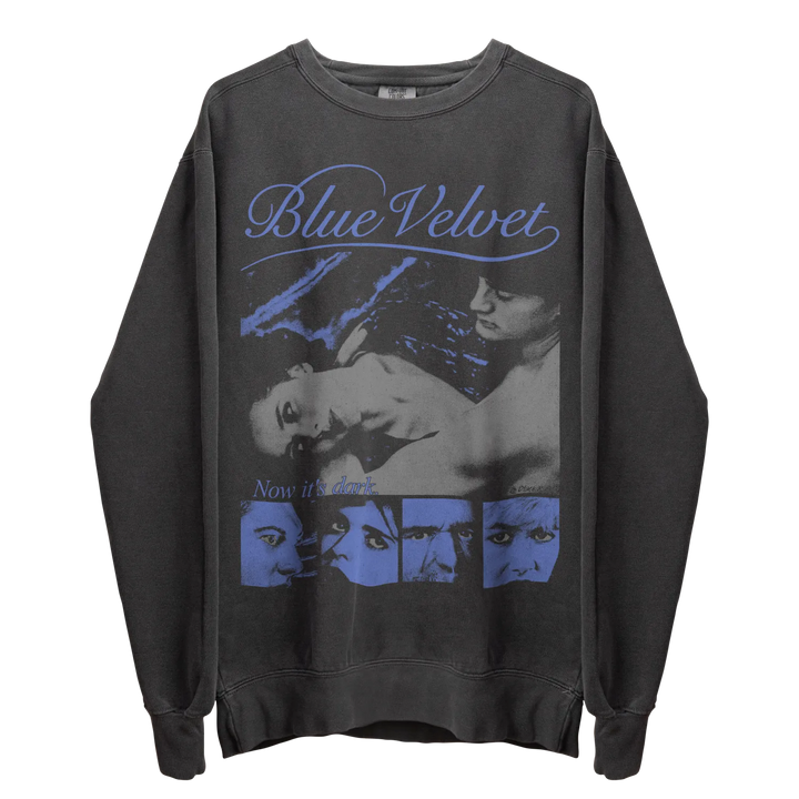 Dark gray crewneck sweatshirt with a purple and gray graphic print.