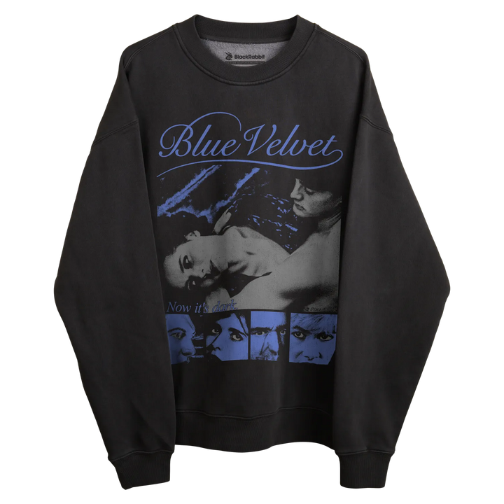 Black ’blue velvet’ sweatshirt with graphic design featuring a couple and stylized faces.
