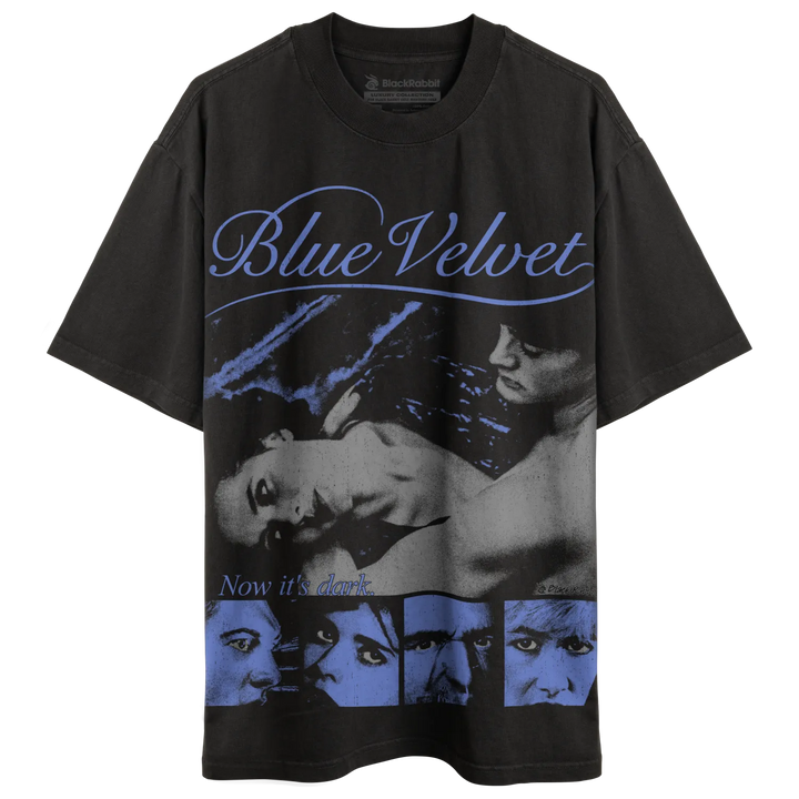 Black graphic t-shirt with ’Blue Velvet’ text and movie stills.