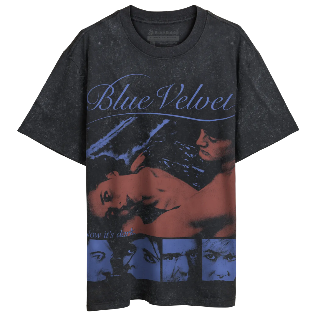 Dark gray t-shirt with a ’Blue Velvet’ graphic print.