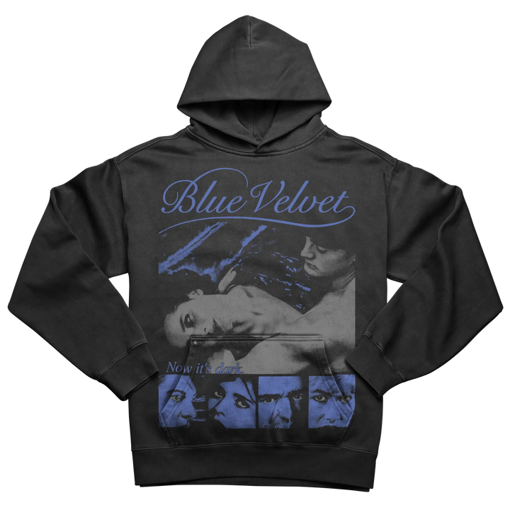 Dark grey hooded sweatshirt with ’Blue Velvet’ graphic print.