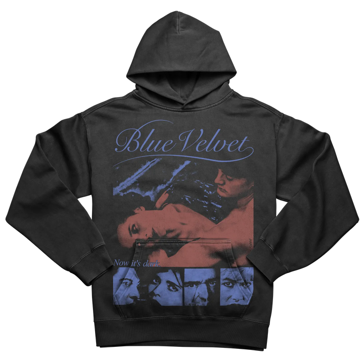 Dark gray hooded sweatshirt with a ’Blue Velvet’ graphic print.