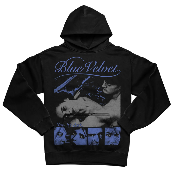 Black ’blue velvet’ hoodie with graphic design featuring a man and woman in monochrome.