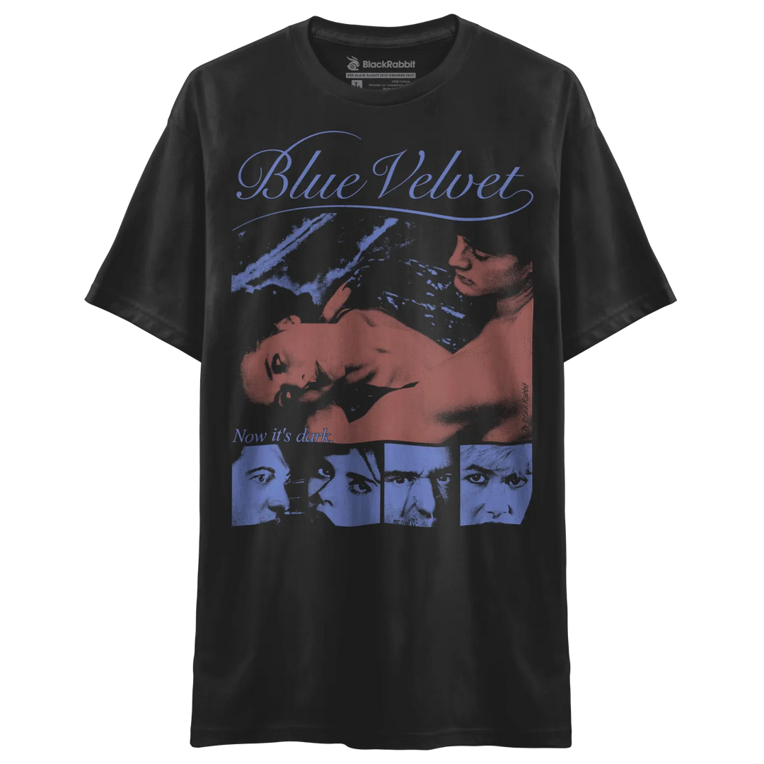 Black crewneck t-shirt with a ’Blue Velvet’ graphic print.