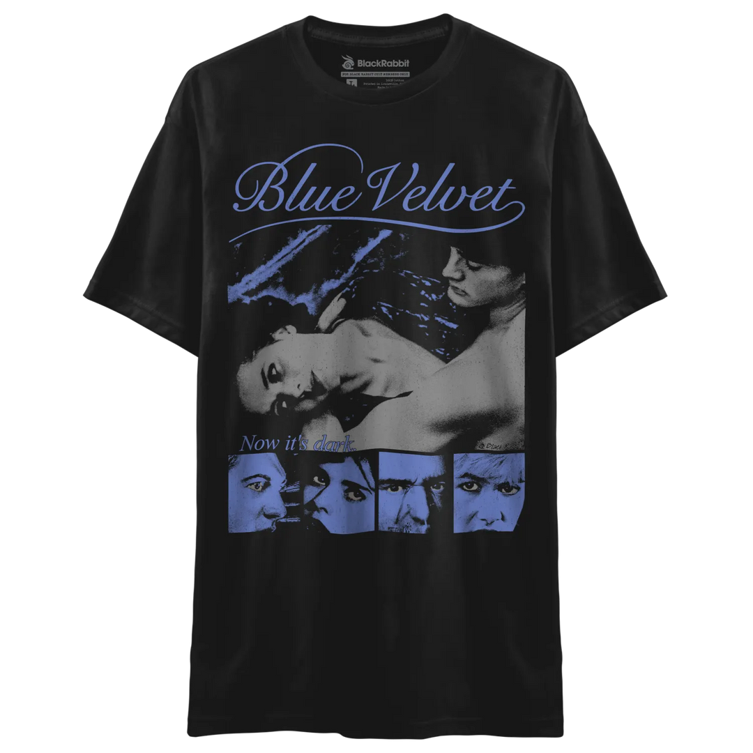Black t-shirt with a ’Blue Velvet’ movie-themed graphic print.