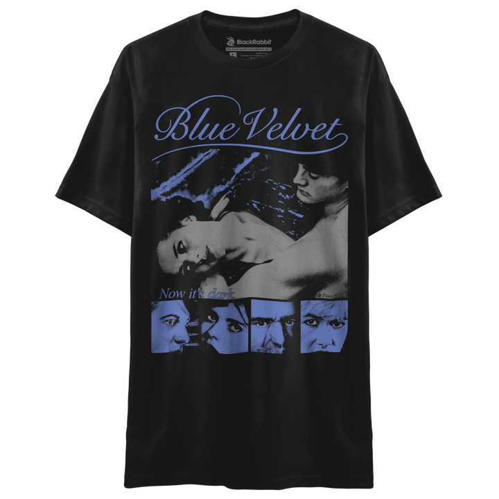 Black t-shirt with a ’Blue Velvet’ movie-themed graphic print.