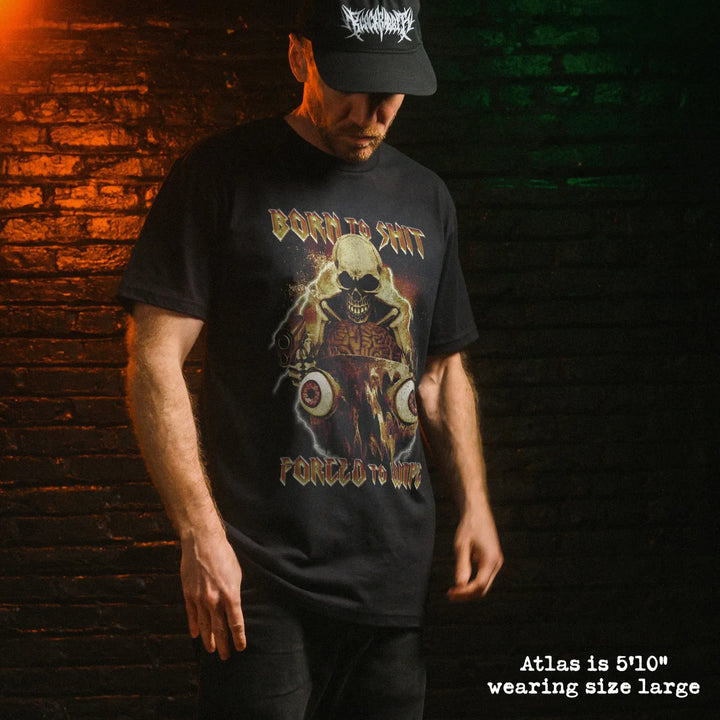 Male model wearing black premium tee with born to shit graphic 