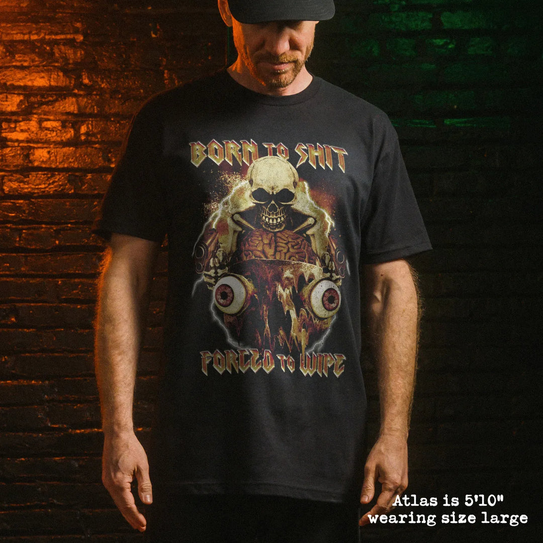 Male model wearing black premium tee with born to shit graphic 