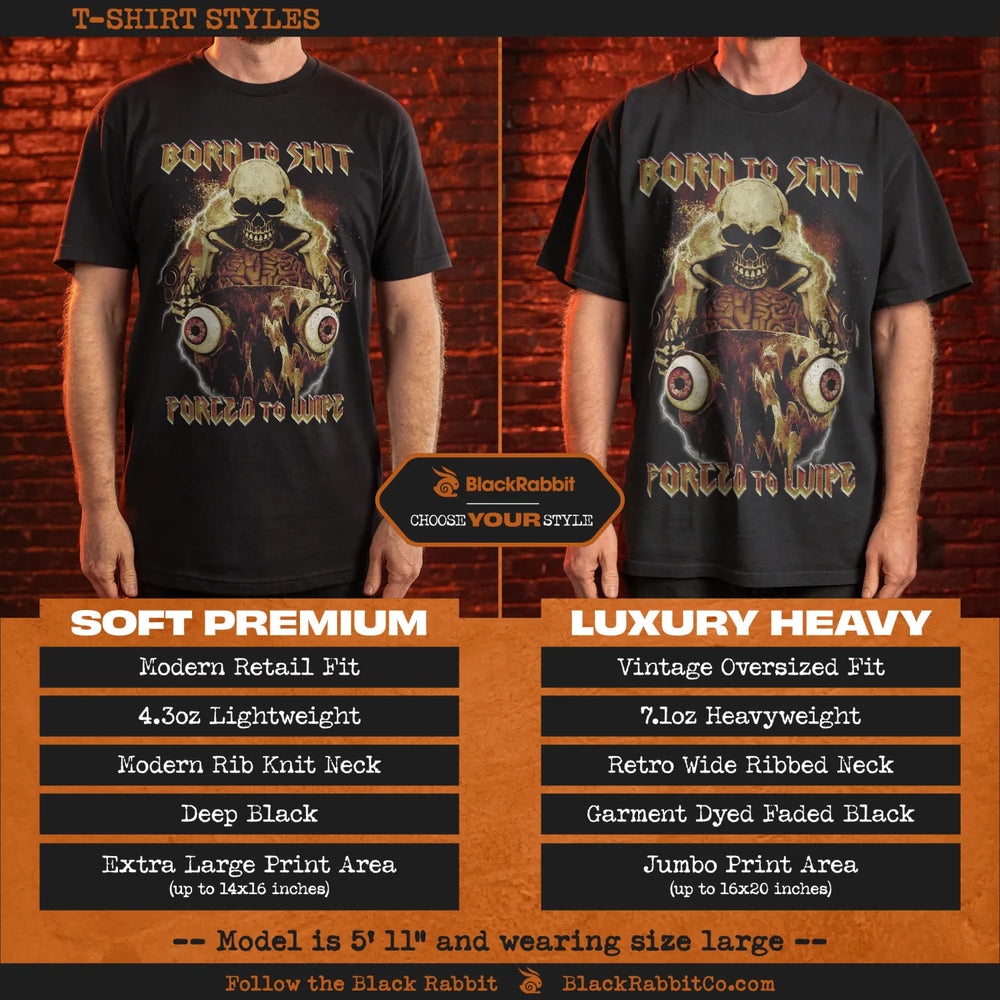A comparison of two black t-shirt styles with a skull and monster design.