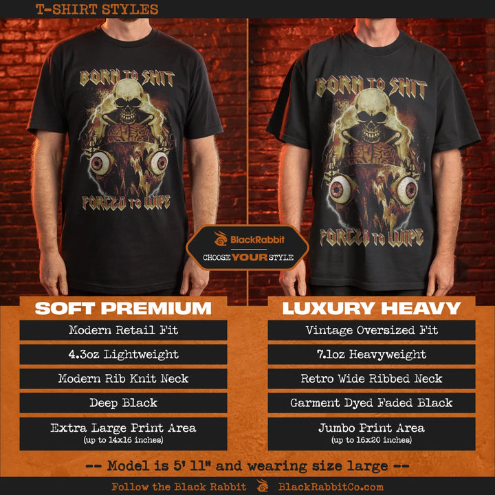 A comparison of two black t-shirt styles with a skull and monster design.