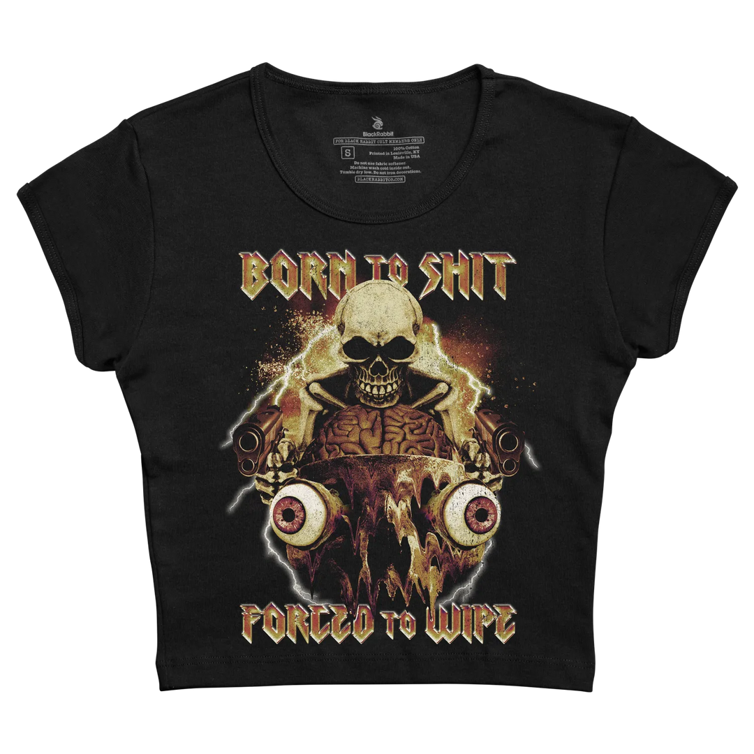 Black cropped t-shirt featuring a graphic of a skull with crossed bones, brain and eyes, printed in gold and brown tones.