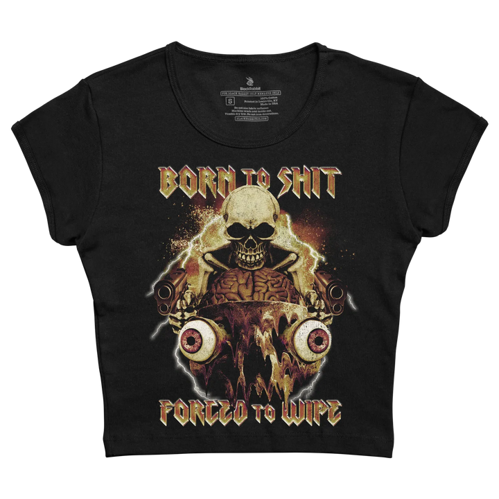 Black cropped t-shirt featuring a graphic of a skull with crossed bones, brain and eyes, printed in gold and brown tones.