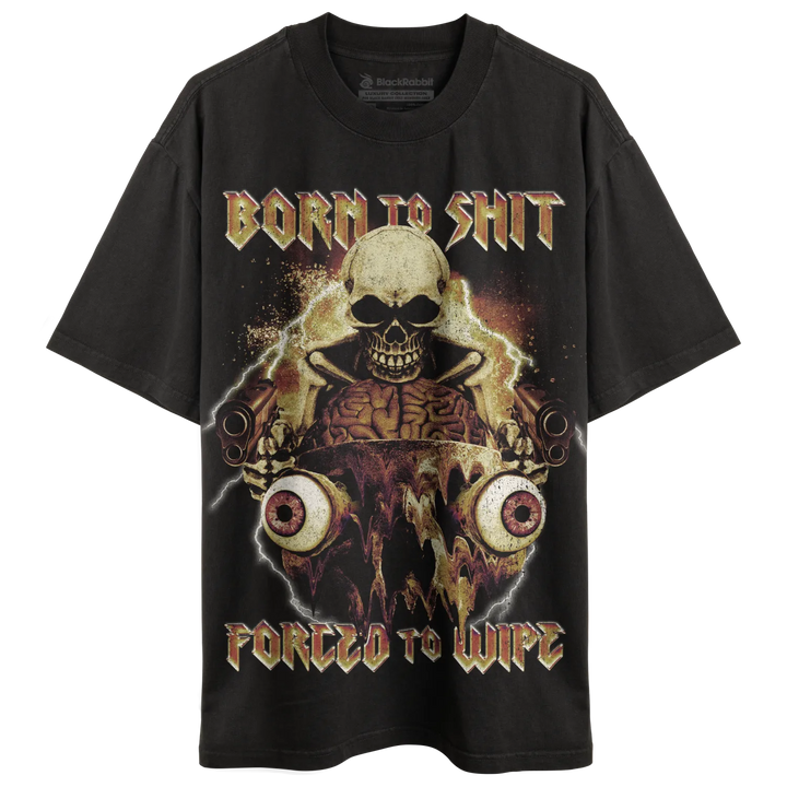 Black t-shirt with a skull and eyeballs graphic.