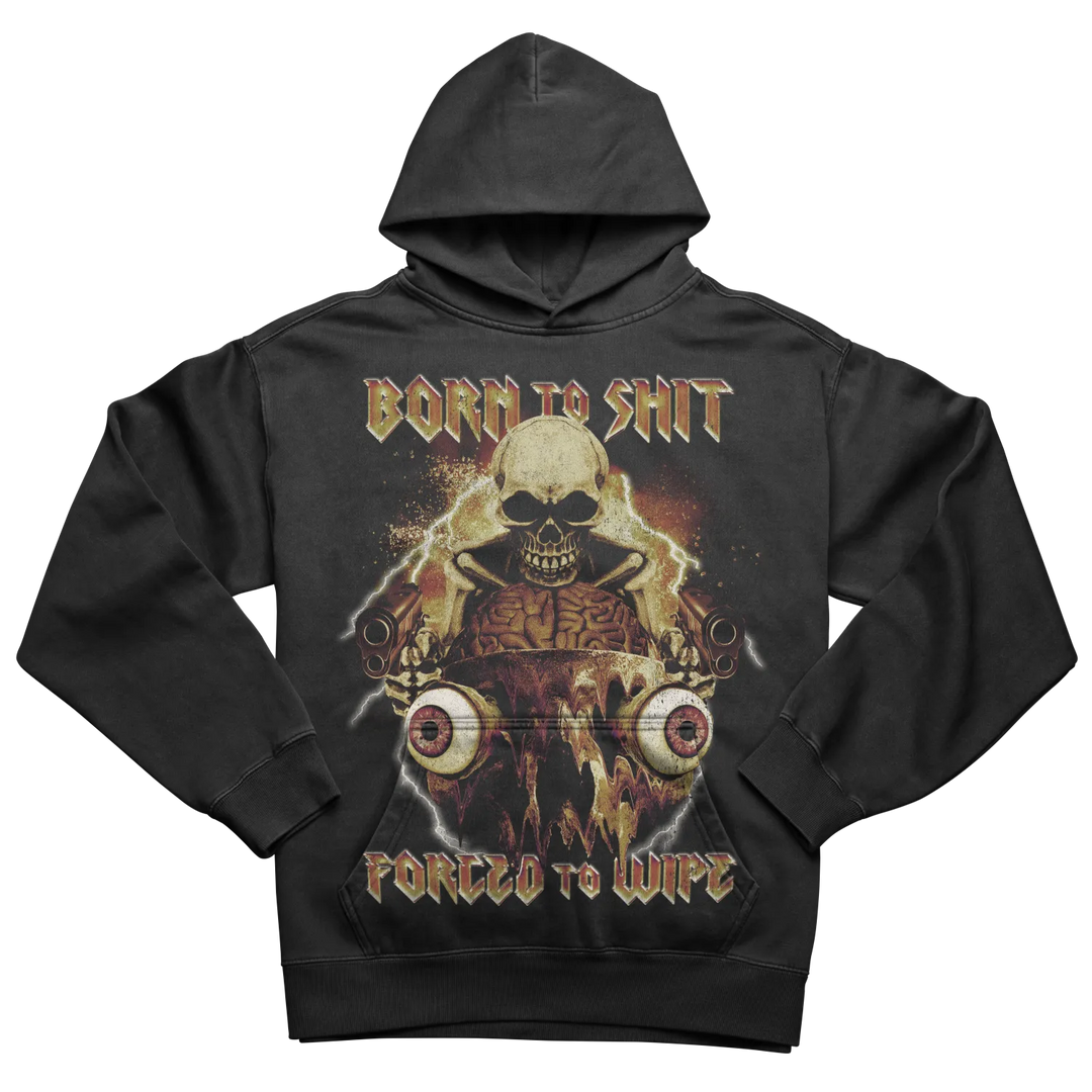 Black hoodie with a skull and eyeballs graphic.