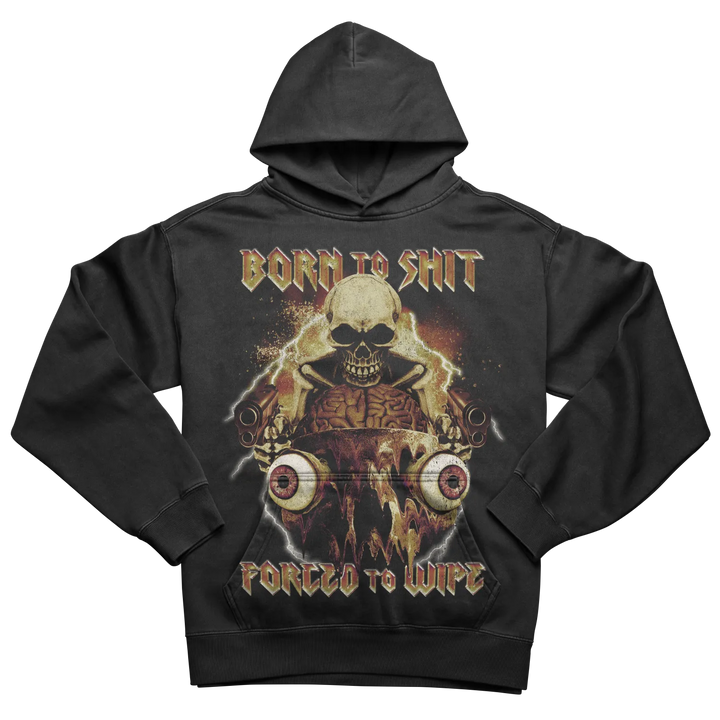 Black hoodie with a skull and eyeballs graphic.