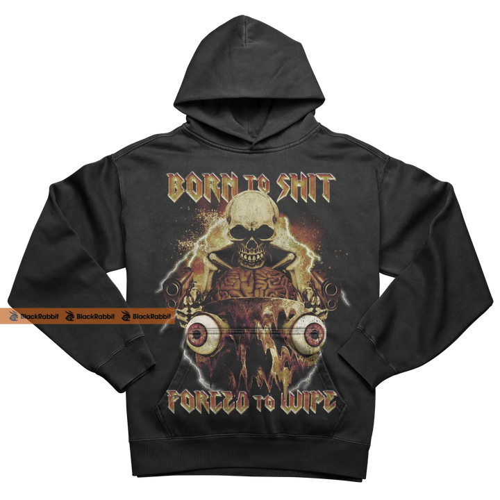 Black hoodie with skull graphic.