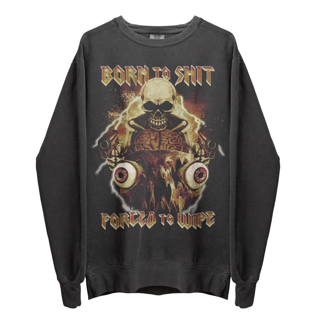 Gray crewneck sweatshirt with a graphic print of a skull and eyeballs.