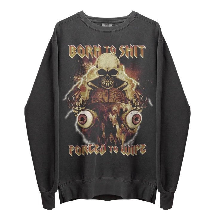 Gray crewneck sweatshirt with a graphic print of a skull and eyeballs.