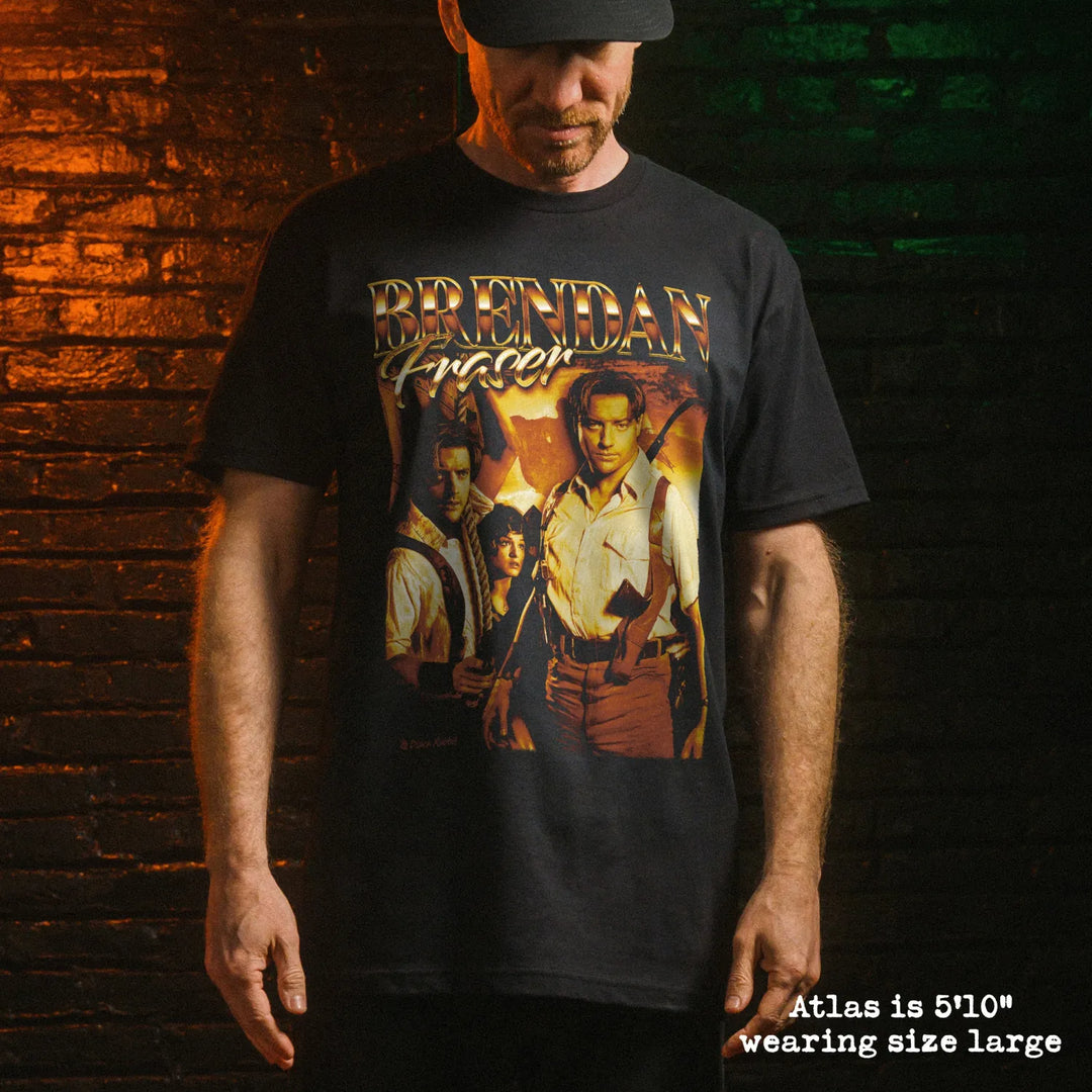 Male model wearing black premium tee with brendan fraser graphic 