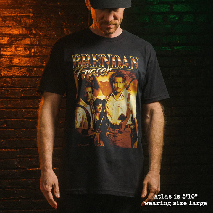 Male model wearing black premium tee with brendan fraser graphic 