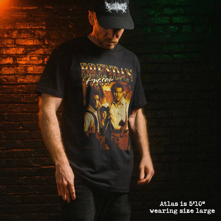 Male model wearing black premium tee with brendan fraser graphic 