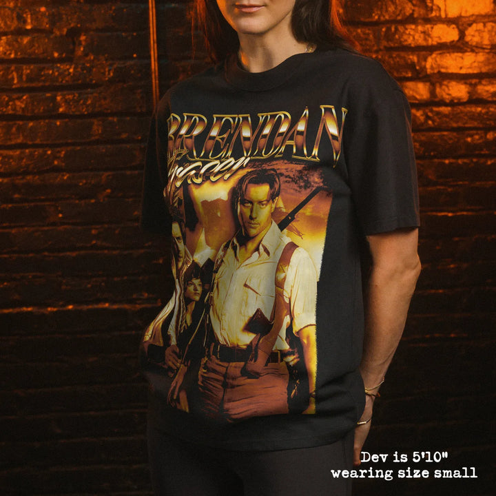 Model wearing heavy tee with brendan fraser graphic 