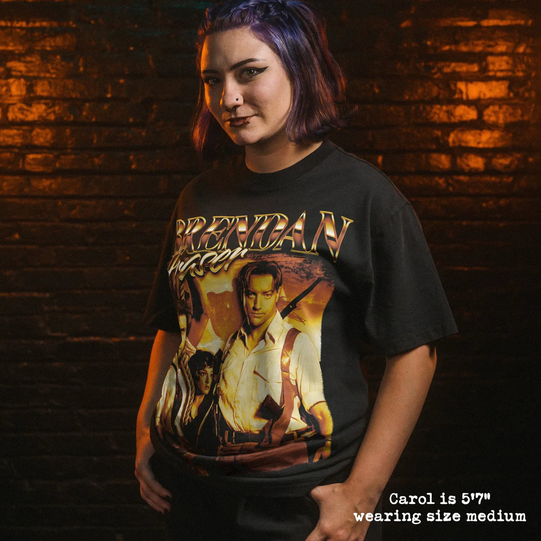 Model wearing heavy tee with brendan fraser graphic 