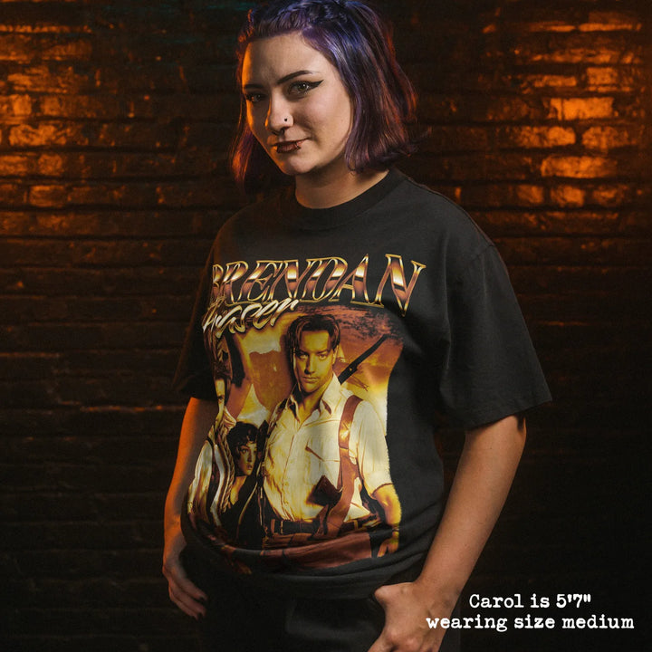 Model wearing heavy tee with brendan fraser graphic 